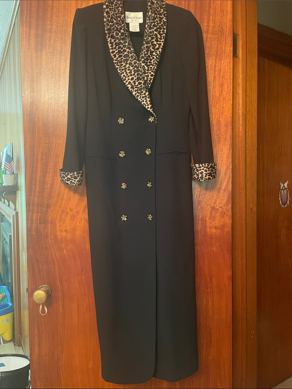 Gorgeous Vintage Black Trench Coat with Leopard-Print Trim